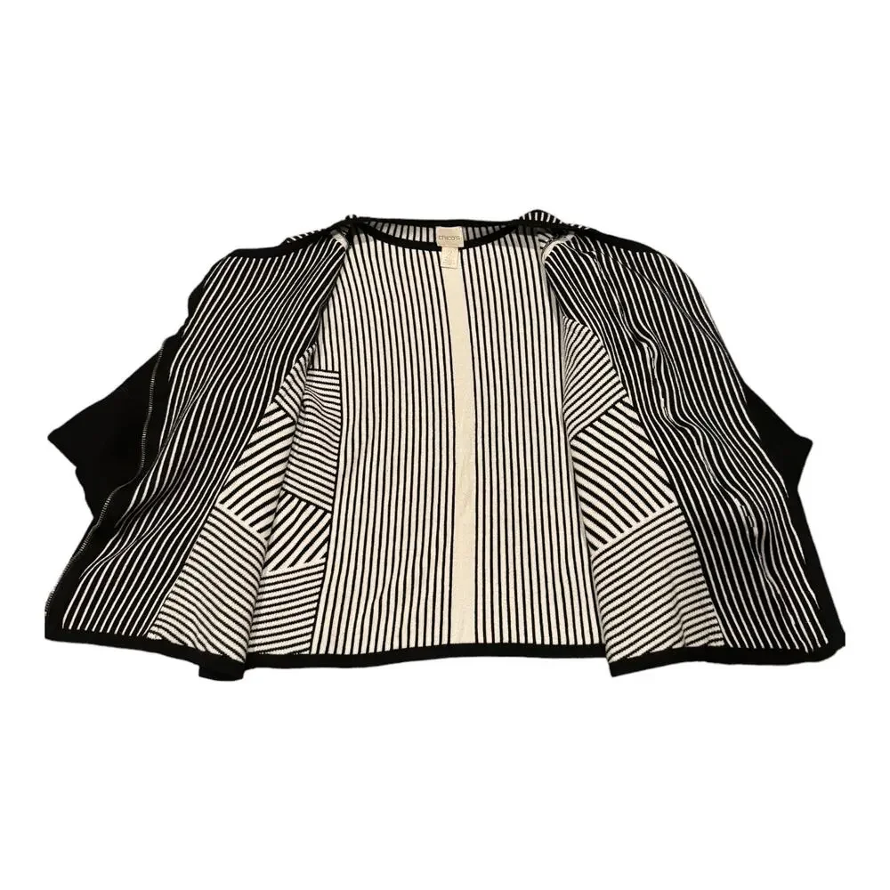 Chico's Natania Black/White Stripe asymmetrical Zip Up Cardigan Sweater size 12